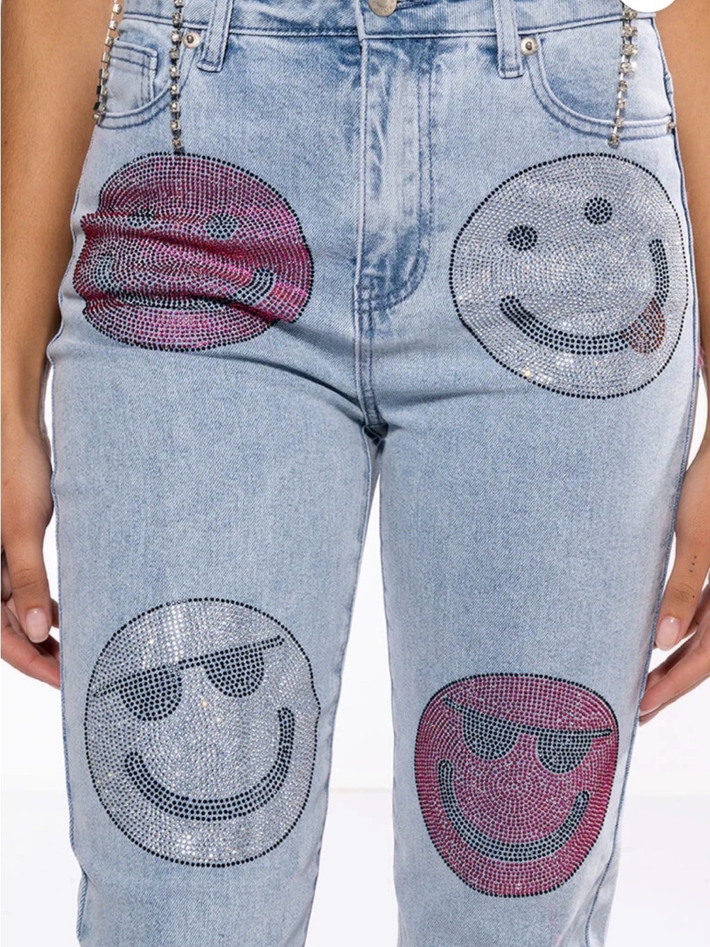 SMILEY FACES RHINESTONE HIGH RISE STRAIGHT JEANS (SIZE 5)